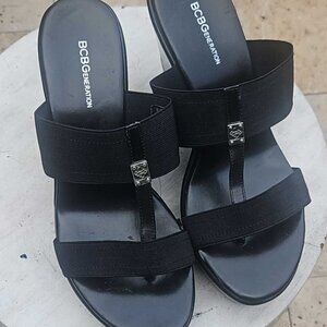 BCBGeneration Black Elastic Strap Block Heeled Sandals, Women's 8M